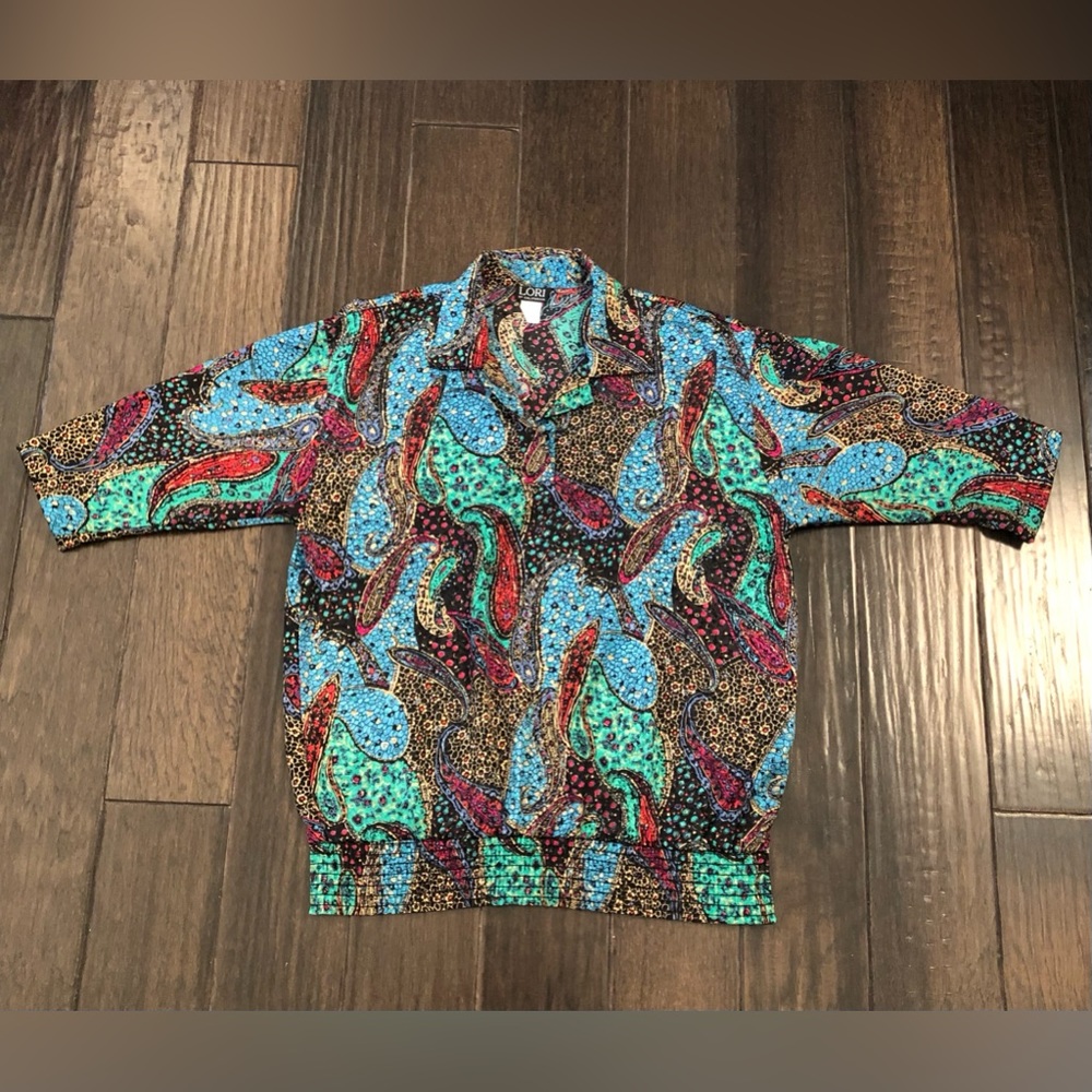 Vtg Lori Of California Blouse Womens Multicolored Paisley Sz 12 Smocked Waist